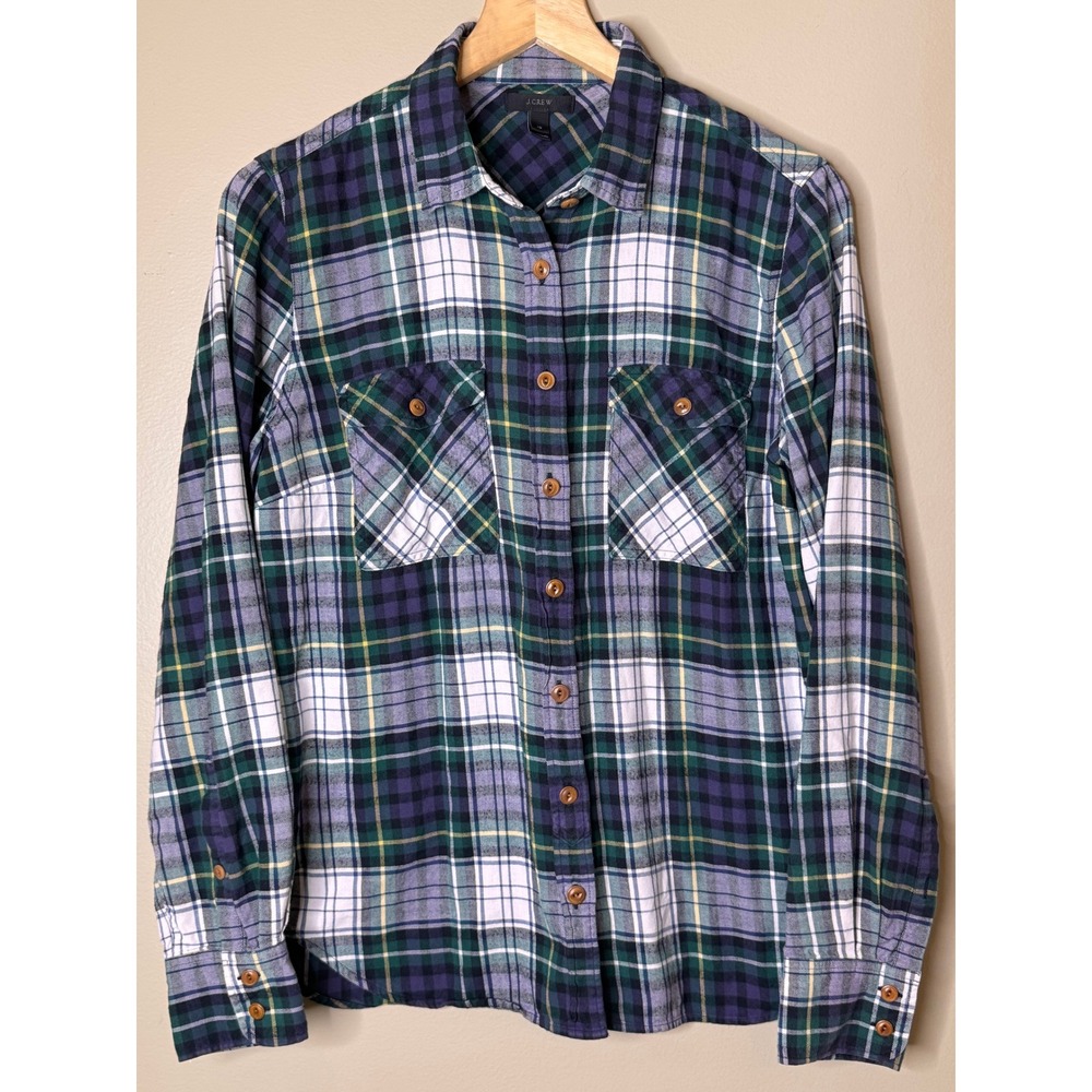 J.Crew Womens Plaid Button Down Shirt Green Purple Cotton Size 10 Long Sleeve